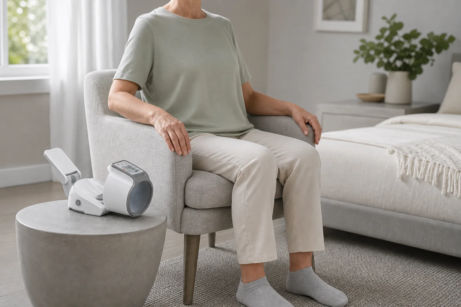A person sitting quietly with feet flat before using the CH-S693L monitor