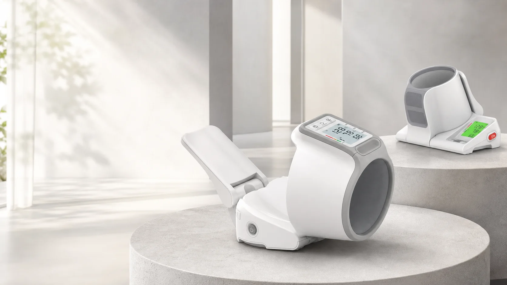 KorotPulse CH-S693L and CH-S691L automatic upper-arm blood pressure monitors displayed in a calm home interior
