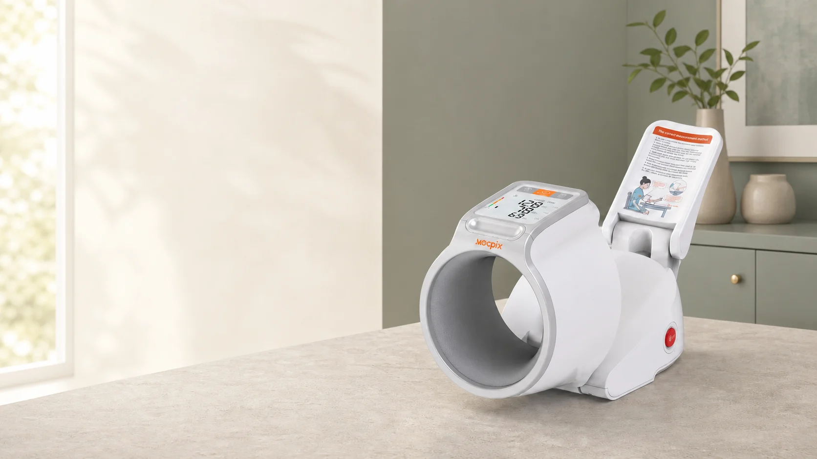 KorotPulse CH-S693L automatic upper-arm blood pressure monitor on a light stone surface against a calm sage home interior