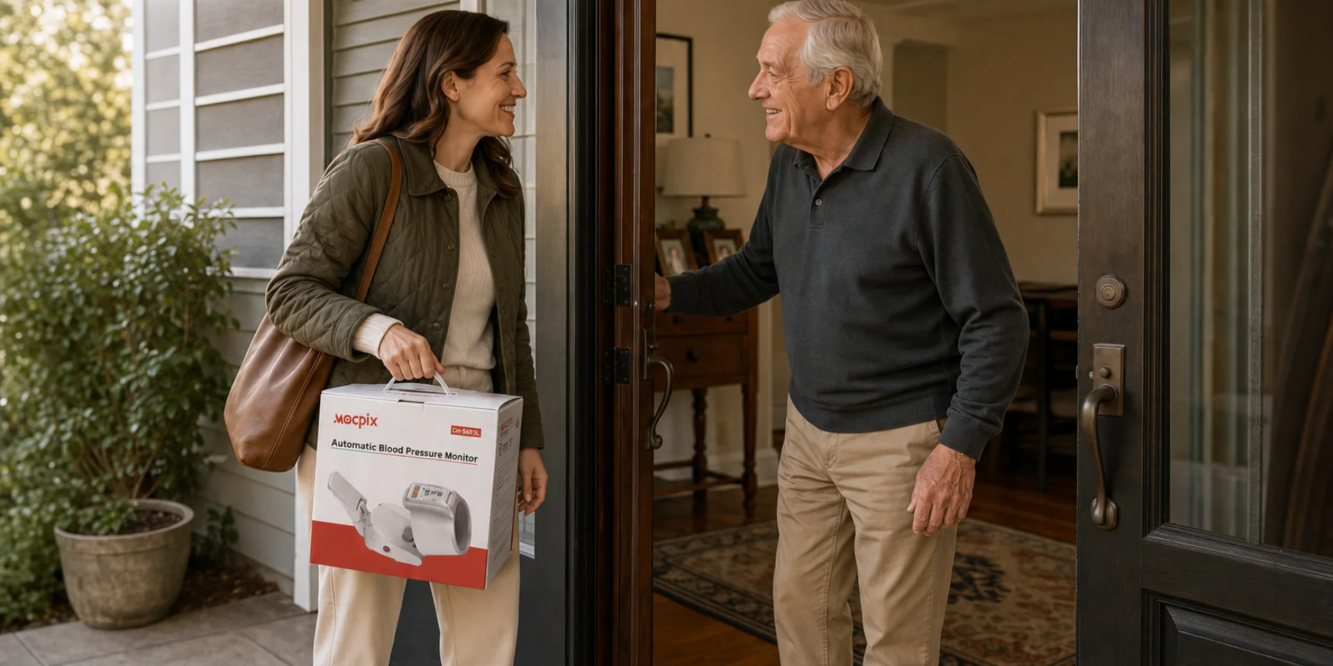 A daughter arriving at her father's home with a Mocpix CH-S693L monitor