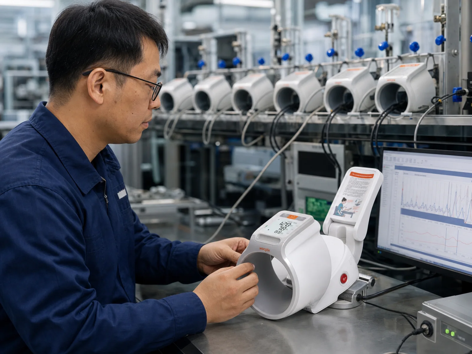A quality-control technician checking a CH-S693L monitor